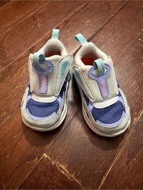 Nike Kids Slip-On Sneakers in Purple, Light Blue, and Gray